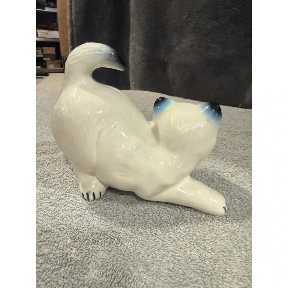 Vintage Ceramic Cat Kitty‎ Stretching Collectible Mexico White Persian